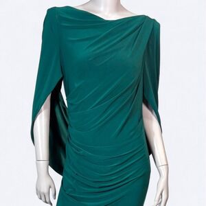 Betsy & Adam Miriam Long Jersey Draped Back Gown Womens 10 Emerald Forest Green